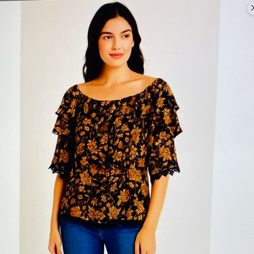 Knox Rose Boho Off Shoulder Navy and Tan Lace Trim Peasant Top size XL